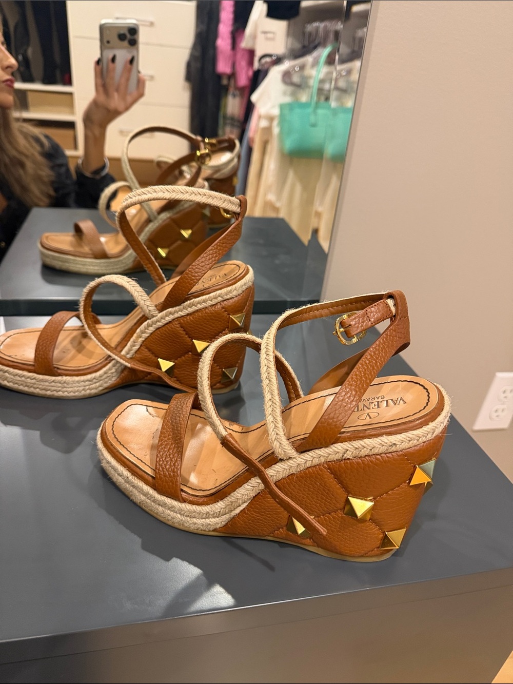 Valentino Tan Leather Espadrille Wedge Sandals with Gold Studs